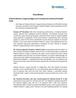 Press Release Vedanta Women's League Prodigies Earn Training Stint at National Football Camp
