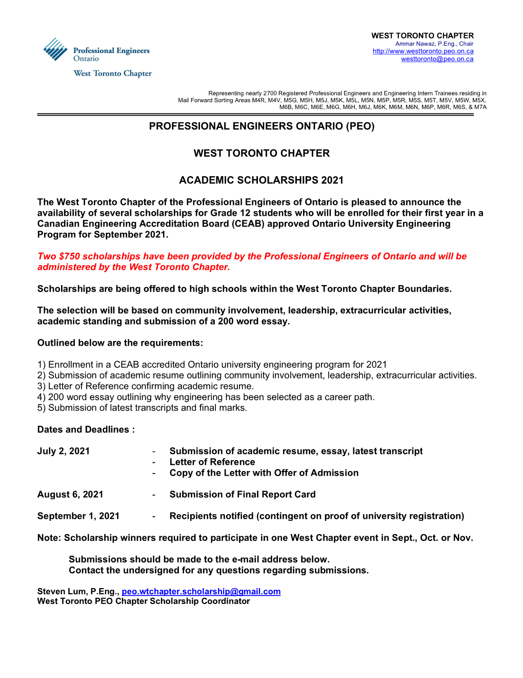 Professional Engineers Ontario (Peo) West Toronto Chapter Academic Scholarships 2021
