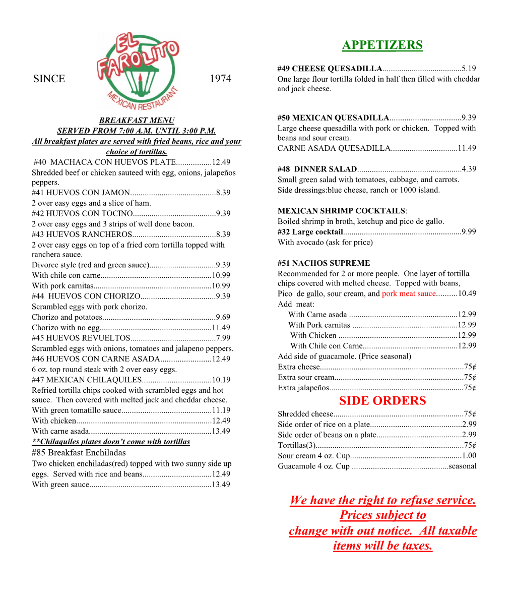 Take out Menu March 10 Update for Webpage