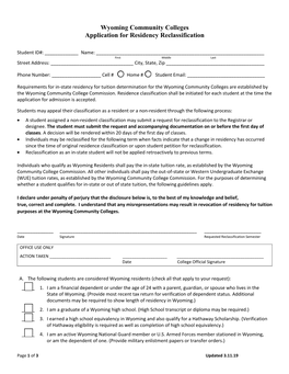 Wyoming Community Colleges Application for Residency Reclassification