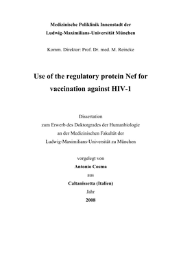 Use of the Regulatory Protein Nef for Vaccination Against HIV-1