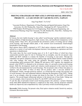 Pricing Strategies of Privately-Owned Social Housing Projects：A Case Study of Taichung City, Taiwan