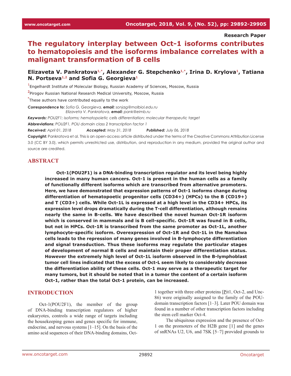 The Regulatory Interplay Between Oct-1 Isoforms Contributes to Hematopoiesis and the Isoforms Imbalance Correlates with a Malignant Transformation of B Cells