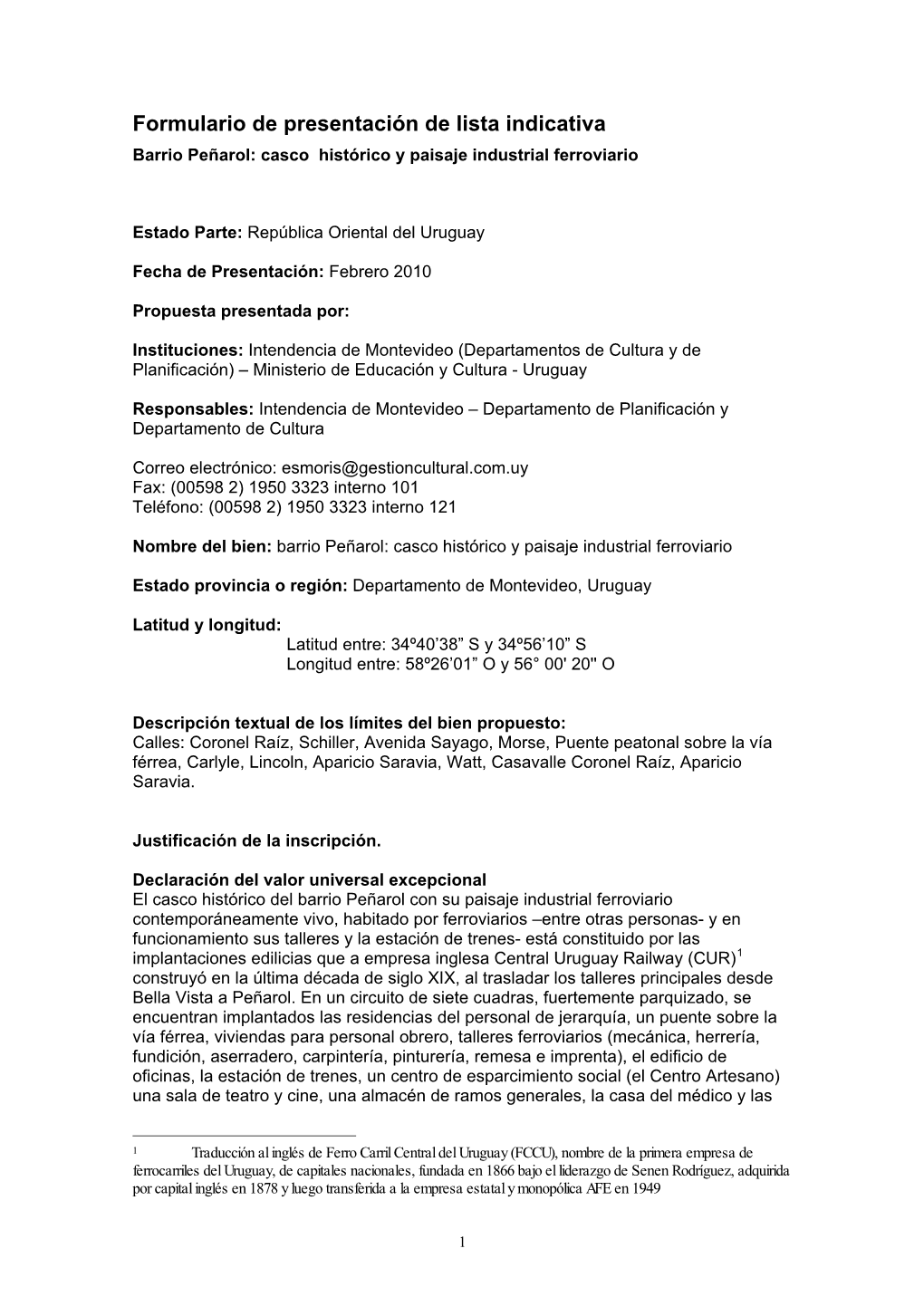 Formulario Patrimonio Mundial