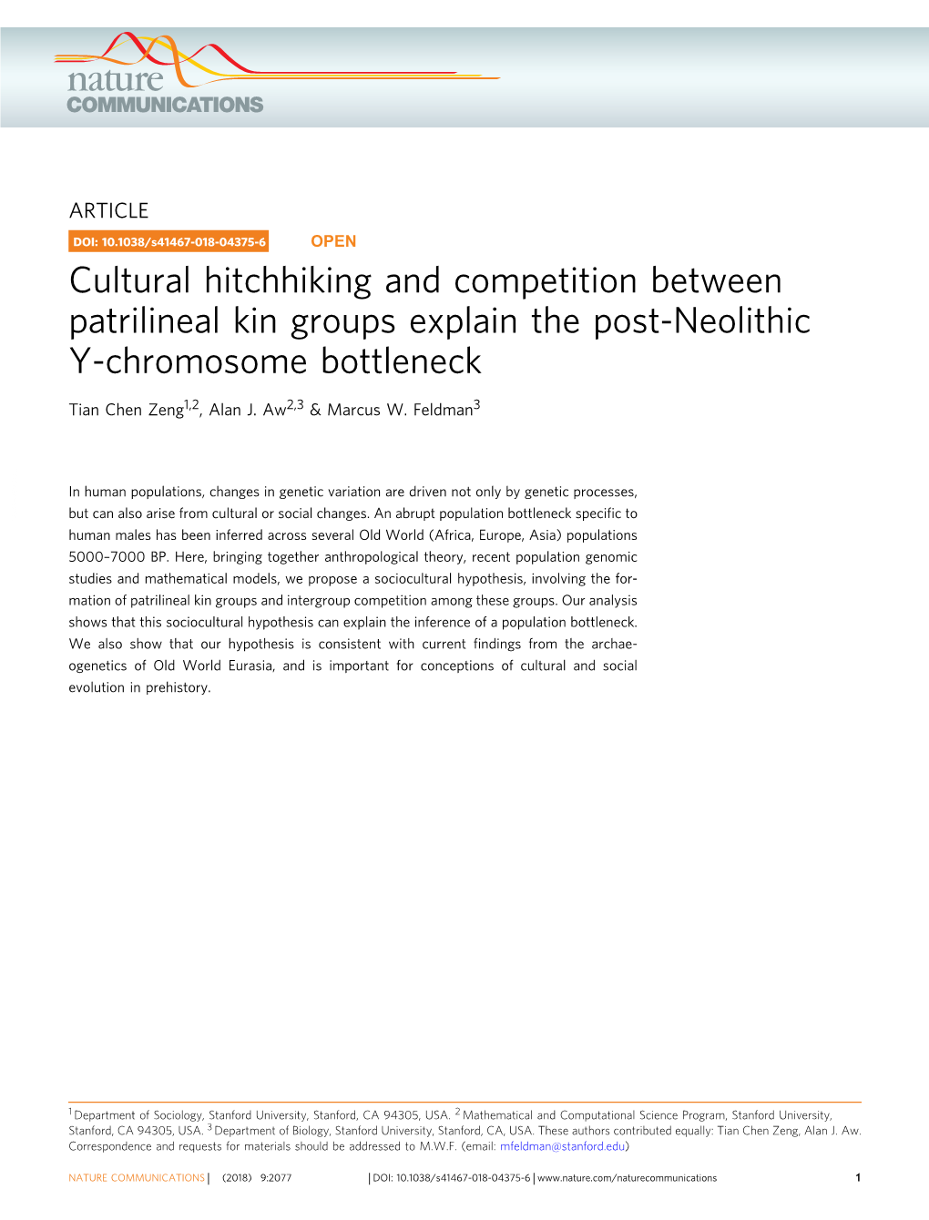 Cultural Hitchhiking and Competition Between Patrilineal Kin Groups Explain the Post-Neolithic Y-Chromosome Bottleneck