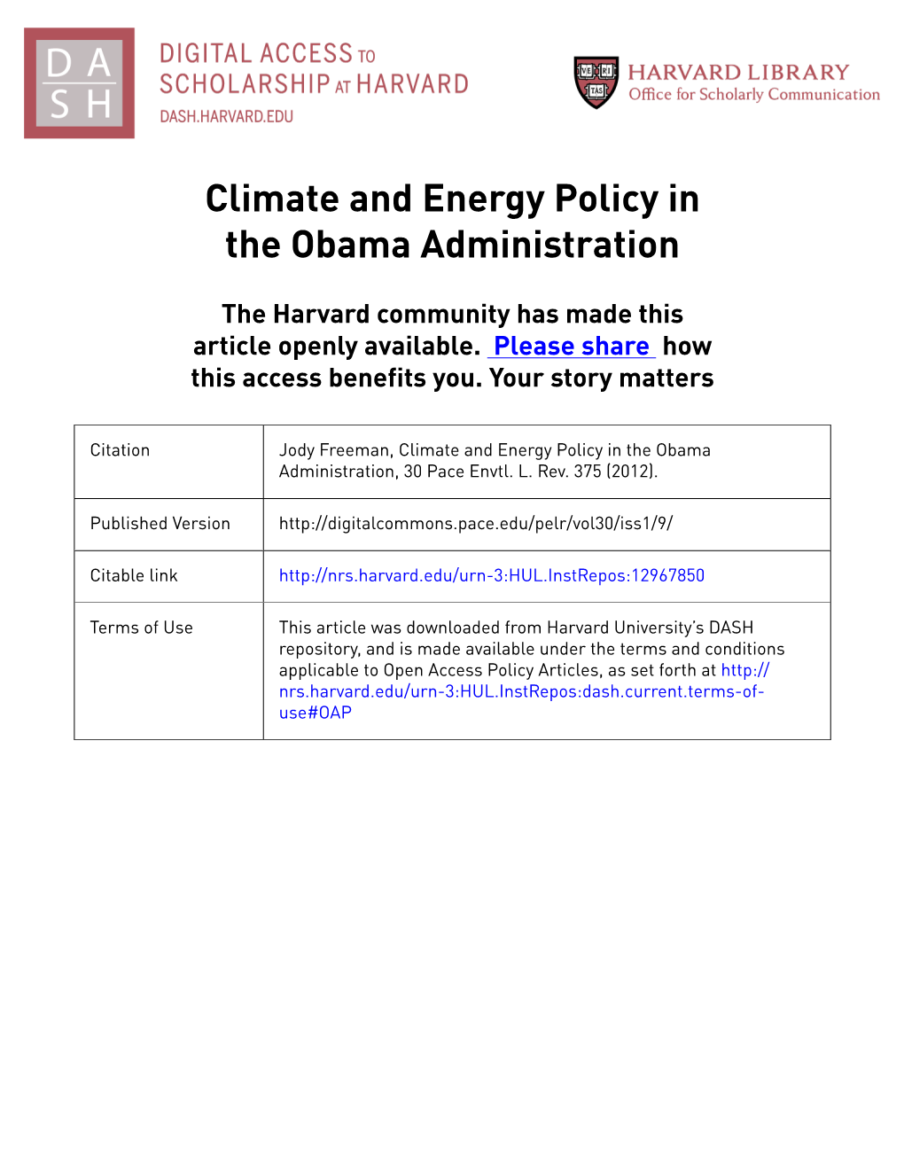 Climate and Energy Policy in the Obama Administration