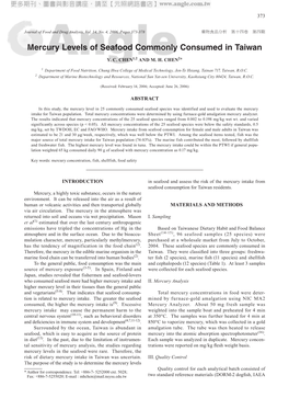 Mercury Levels of Seafood Commonly Consumed in Taiwan