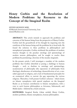 Henry Corbin and the Resolution of Modern Problems by Recourse to the Concept of the Imaginal Realm