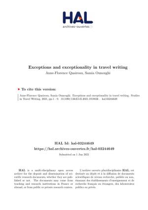 Exceptions and Exceptionality in Travel Writing Anne-Florence Quaireau, Samia Ounoughi