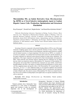 Microindoline 581, an Indole Derivative from Microbacterium Sp. RP581 As a Novel Selective Antineoplastic Agent to Combat Hepati