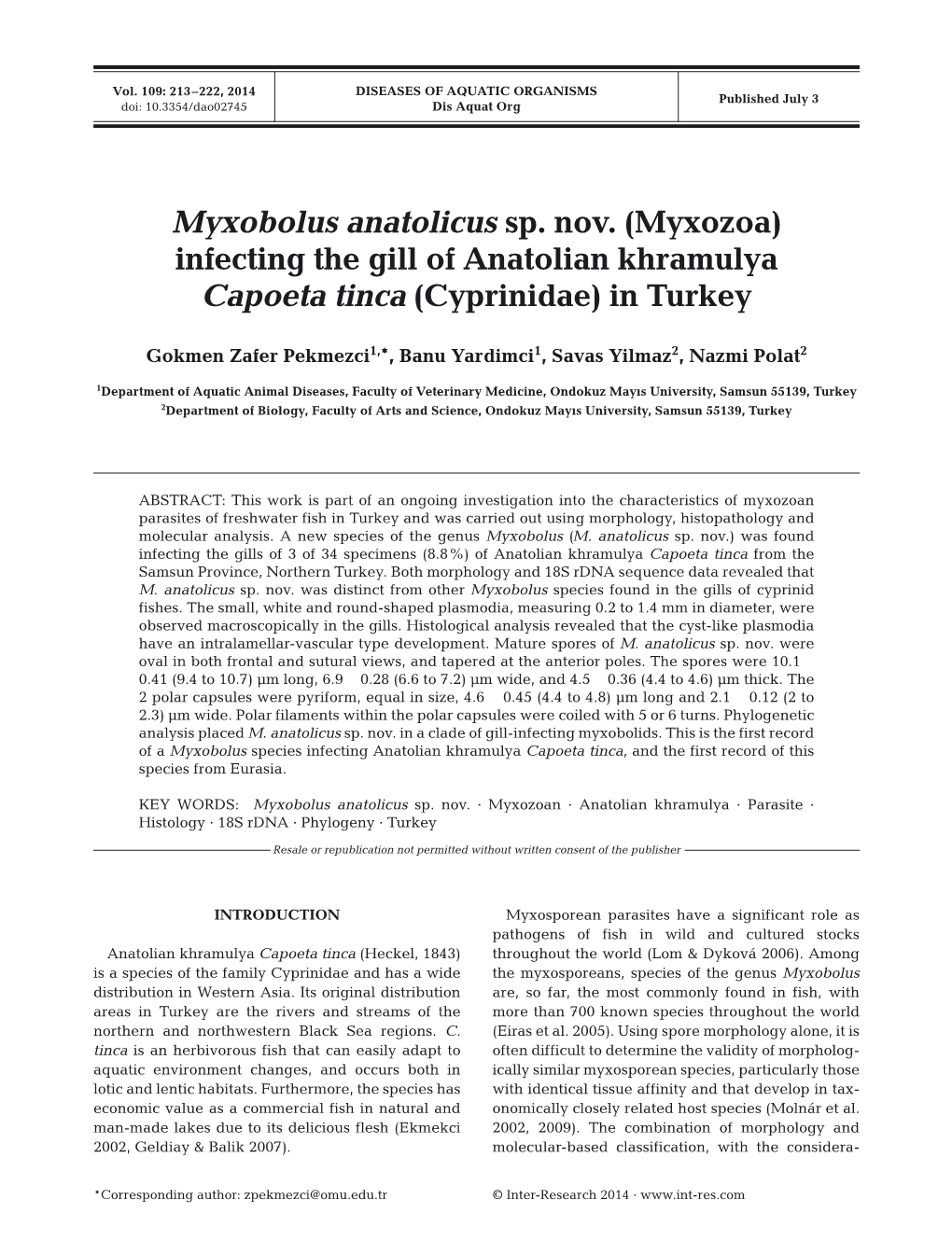 Myxobolus Anatolicus Sp. Nov.(Myxozoa) Infecting the Gill Of