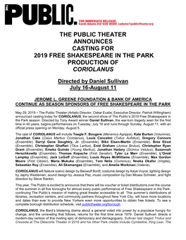 The Public Theater Announces Casting for 2019 Free Shakespeare in the Park Production of Coriolanus
