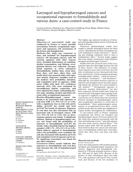 Laryngeal and Hypopharyngeal Cancers and Occupational Exposure to Formaldehyde and Various Dusts: a Case-Control Study in France