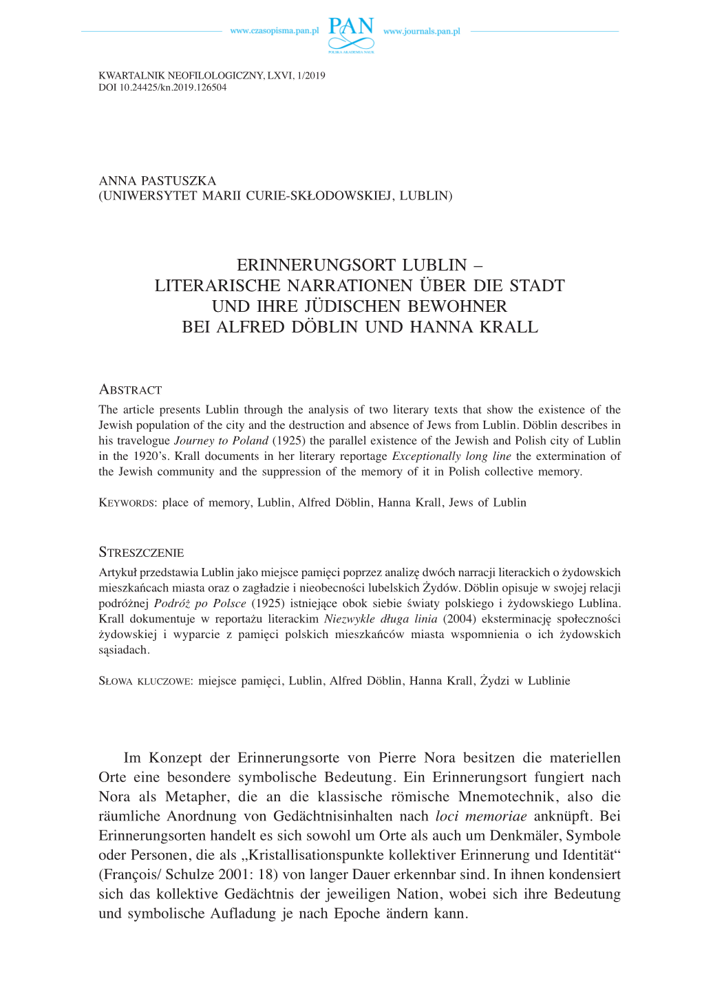 Erinnerungsort Lublin – Literarische Narrationen Über Die Stadt Und Ihre Jüdischen Bewohner Bei Alfred Döblin Und Hanna Krall