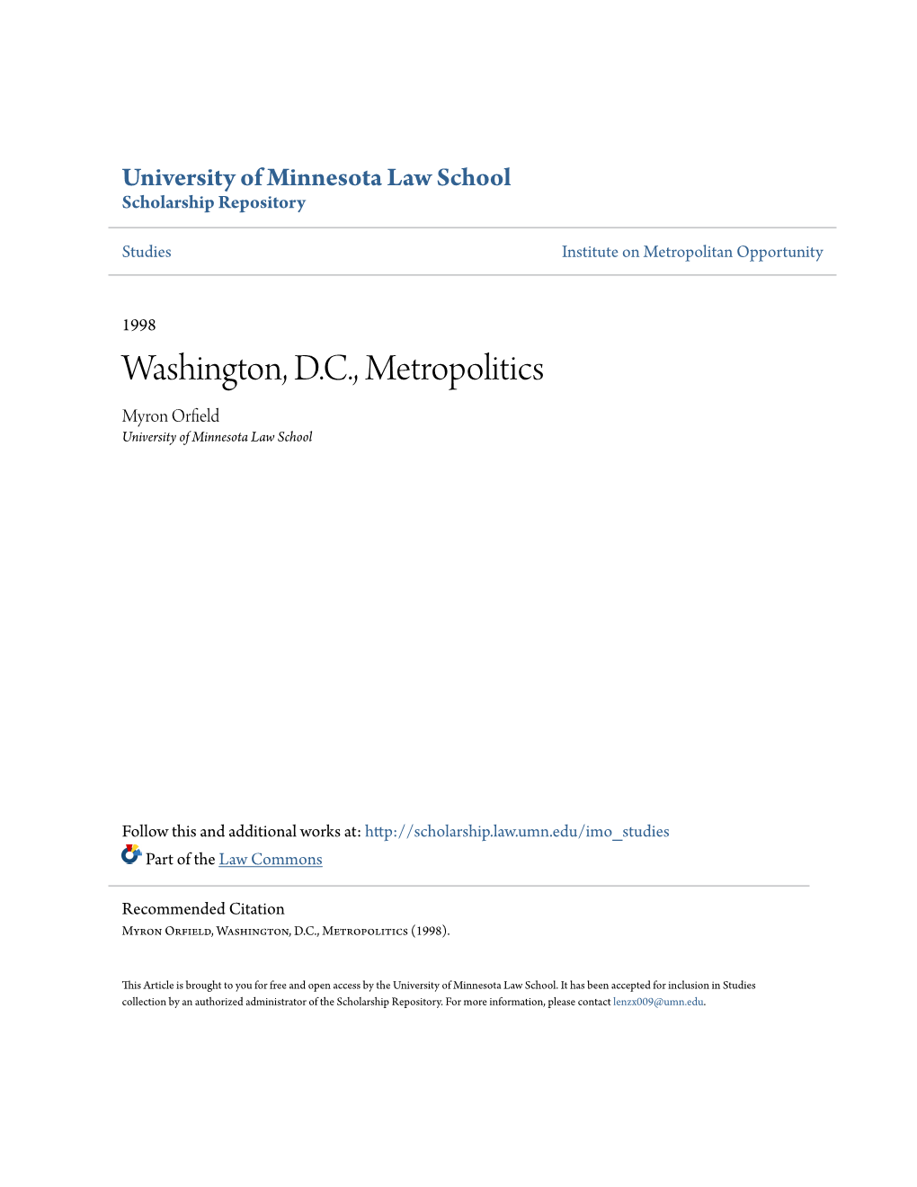 Washington, D.C., Metropolitics Myron Orfield University of Minnesota Law School