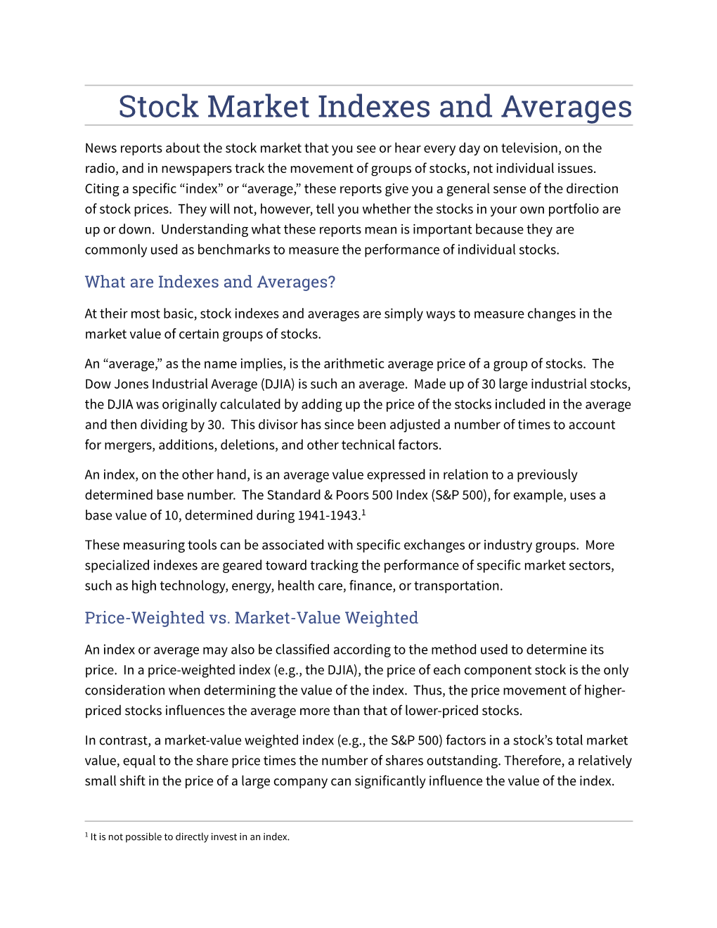 Stock Market Indexes and Averages