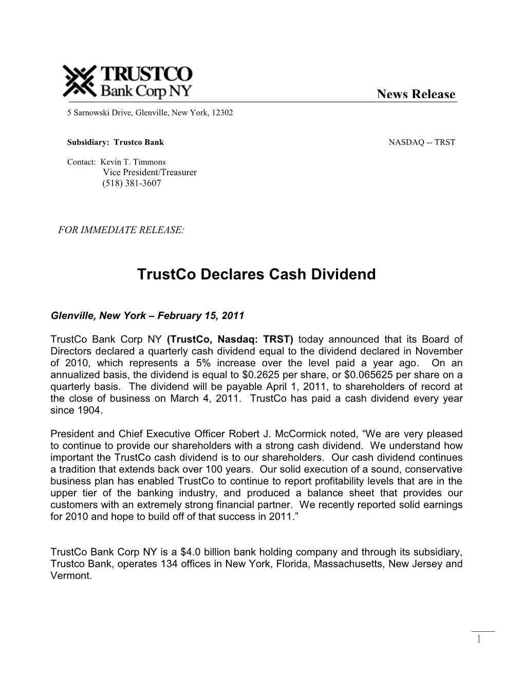 Trustco Declares Cash Dividend