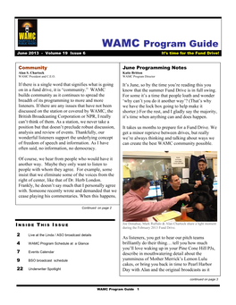 WAMC Program Guide June 2013 - Volume 19 Issue 6 It’S Time for the Fund Drive!