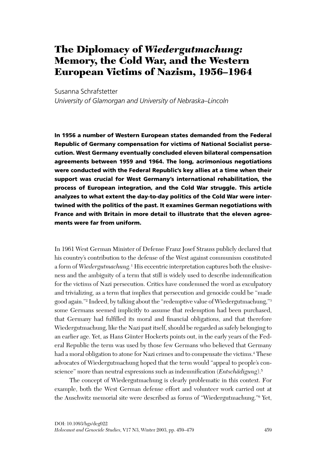 Wiedergutmachung: Memory, the Cold War, and the Western European Victims of Nazism, 1956–1964