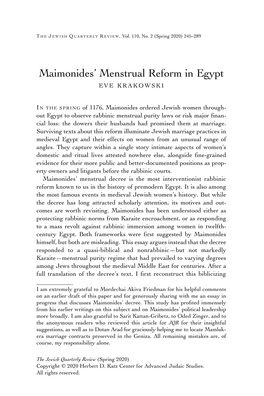 Maimonides' Menstrual Reform in Egypt