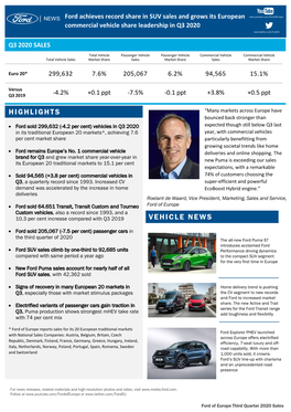 Ford Europe Third Quarter 2020 Sales Results
