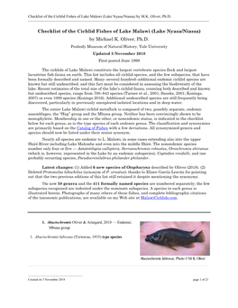 Checklist of the Cichlid Fishes of Lake Malawi (Lake Nyasa)