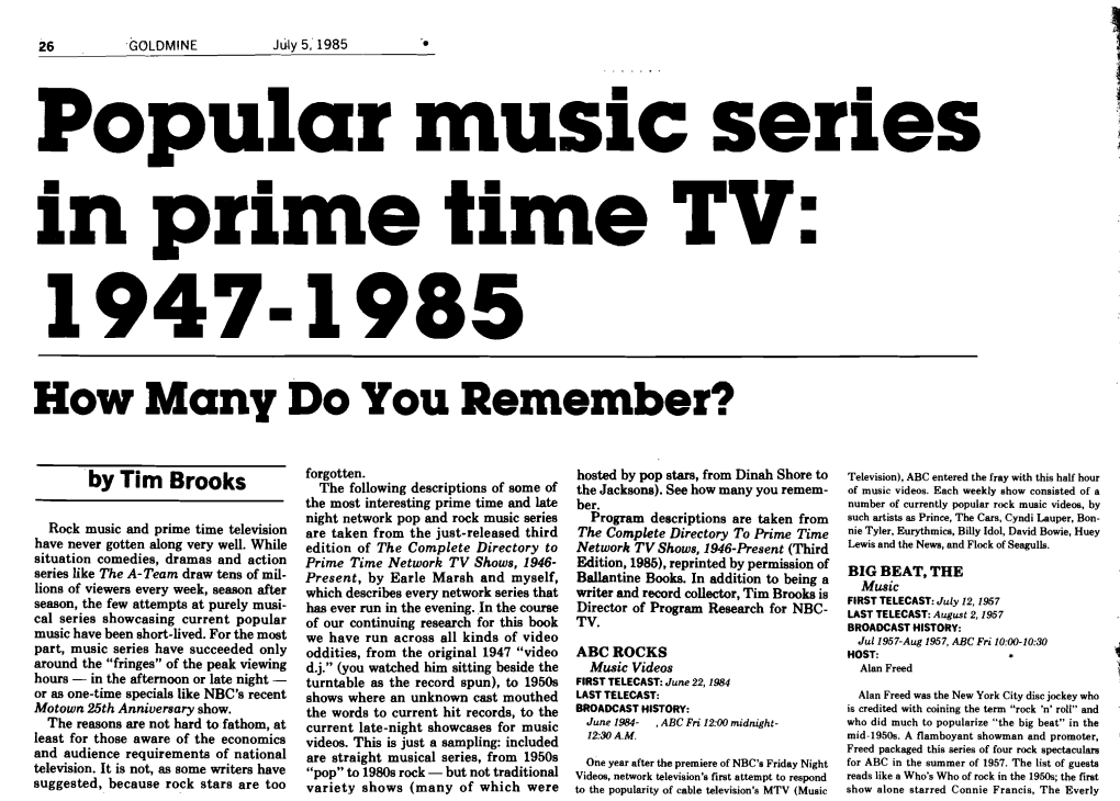 Popular Music Series in Prime Time TV, 1947-1985