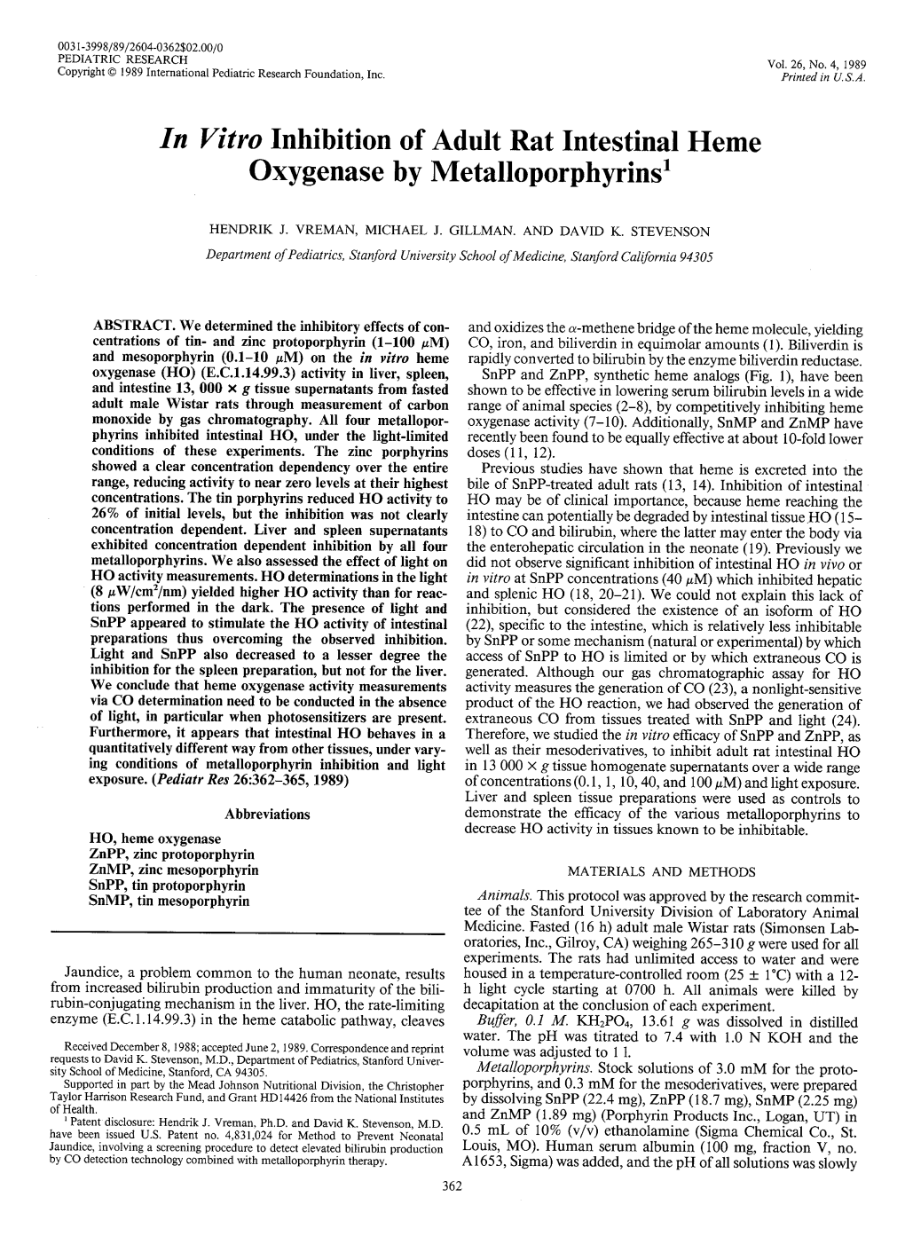 In Vitro Inhibition of Adult Rat Intestinal Heme Oxygenase by Metalloporphyrinsl