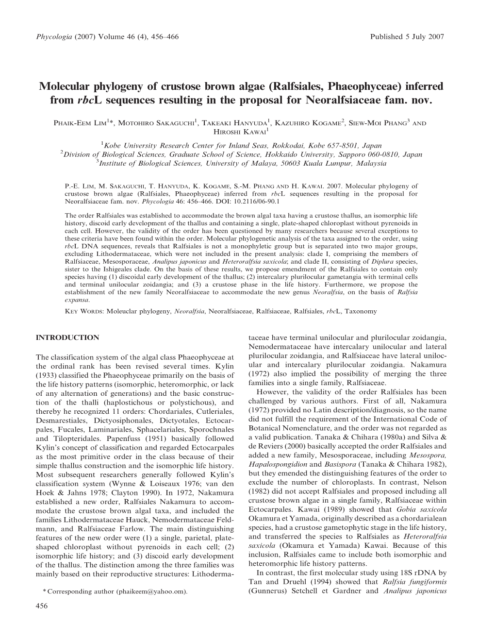 Molecular Phylogeny of Crustose Brown Algae (Ralfsiales, Phaeophyceae ...