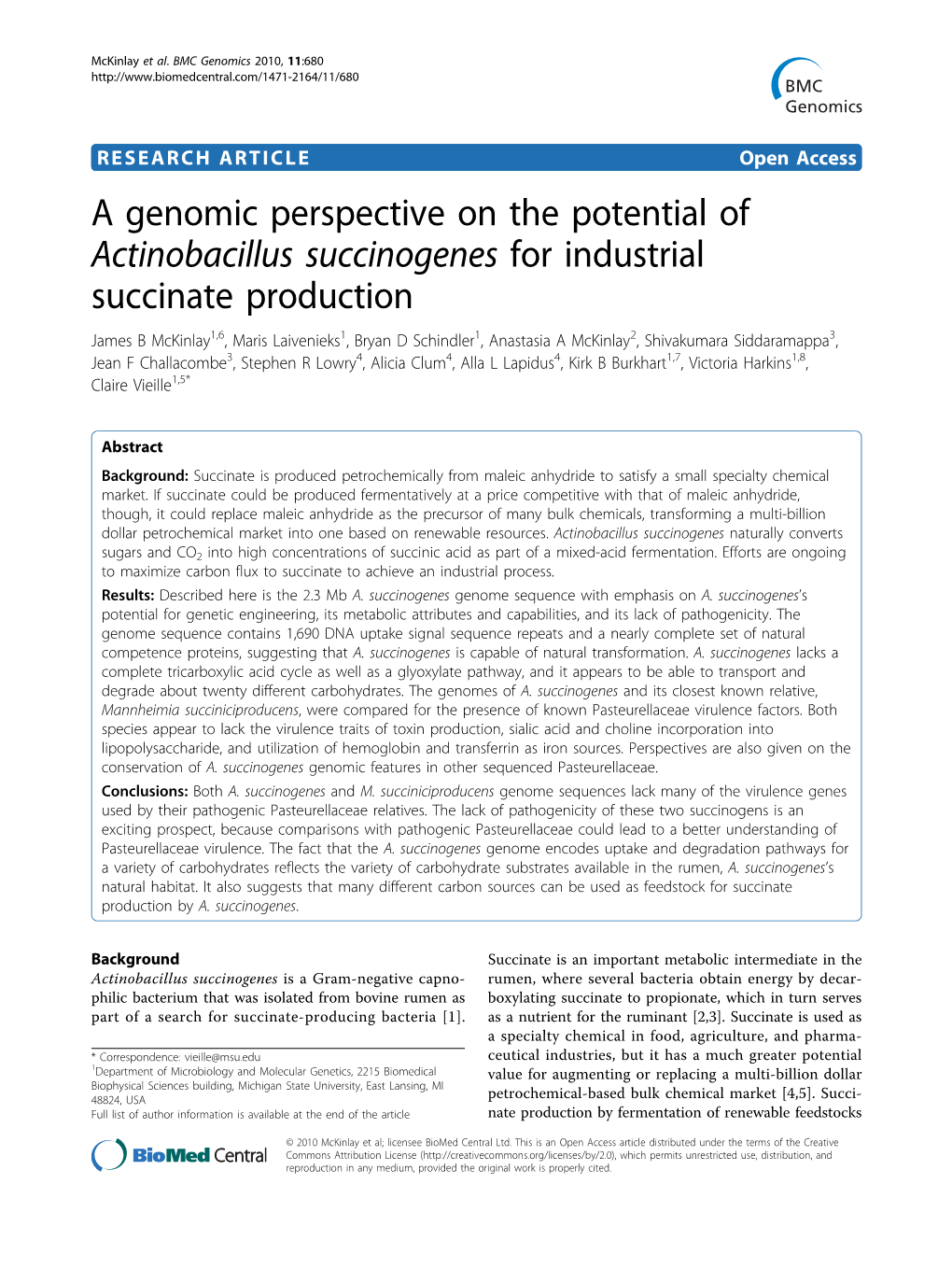 A Genomic Perspective on the Potential of Actinobacillus