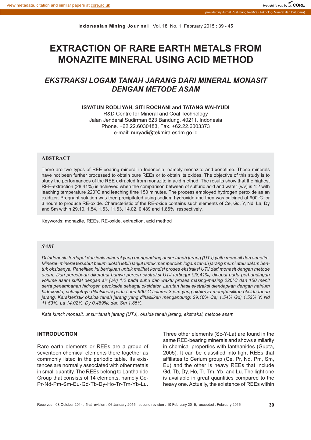 Extraction Of Rare Earth Metals From Monazite Mineral Using Acid Method