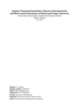 Acquirer Financial Constraints, Takeover Characteristics, and Short-Term Performance of Distressed Target Takeovers