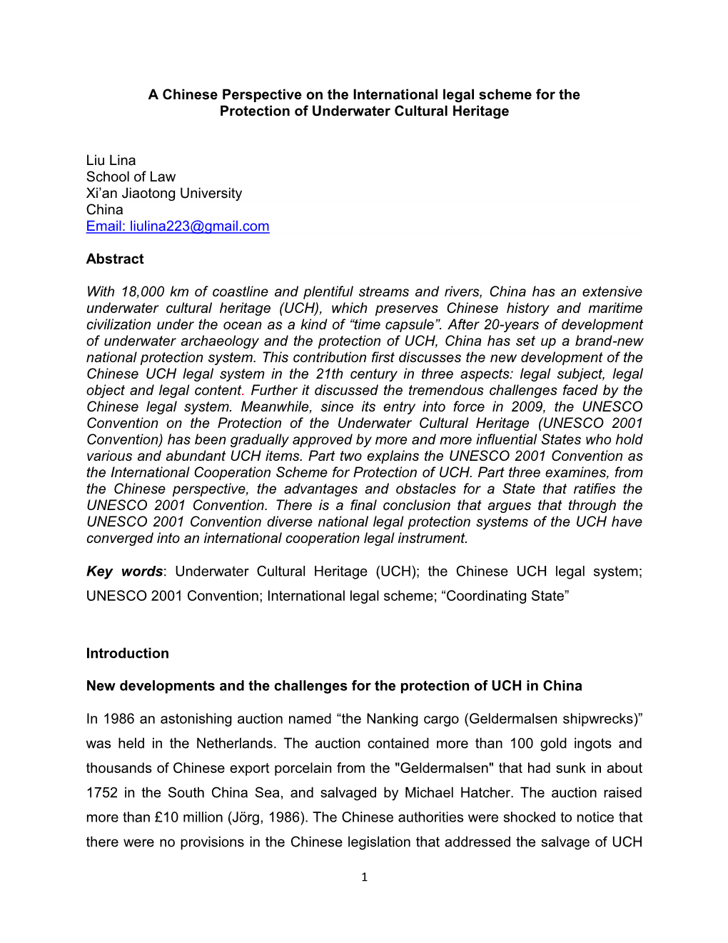 A Chinese Perspective on the International Legal Scheme for the Protection of Underwater Cultural Heritage