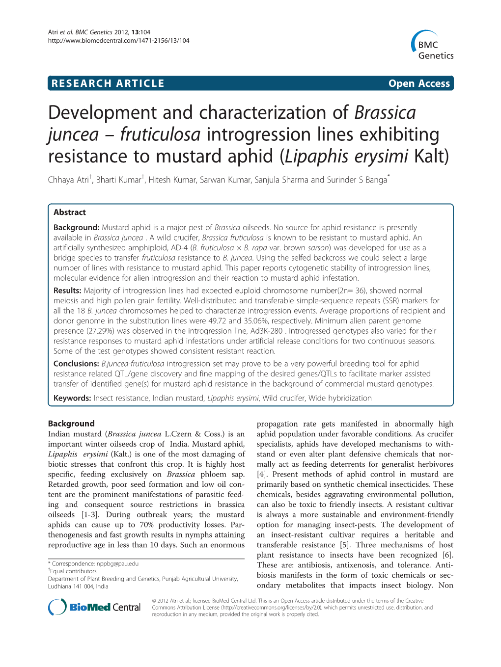 Development and Characterization of Brassica Juncea Fruticulosa