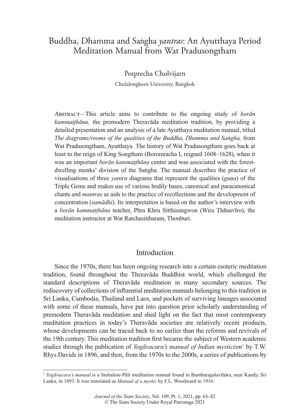 Buddha, Dhamma and Saṅgha Yantras: an Ayutthaya Period Meditation Manual from Wat Pradusongtham