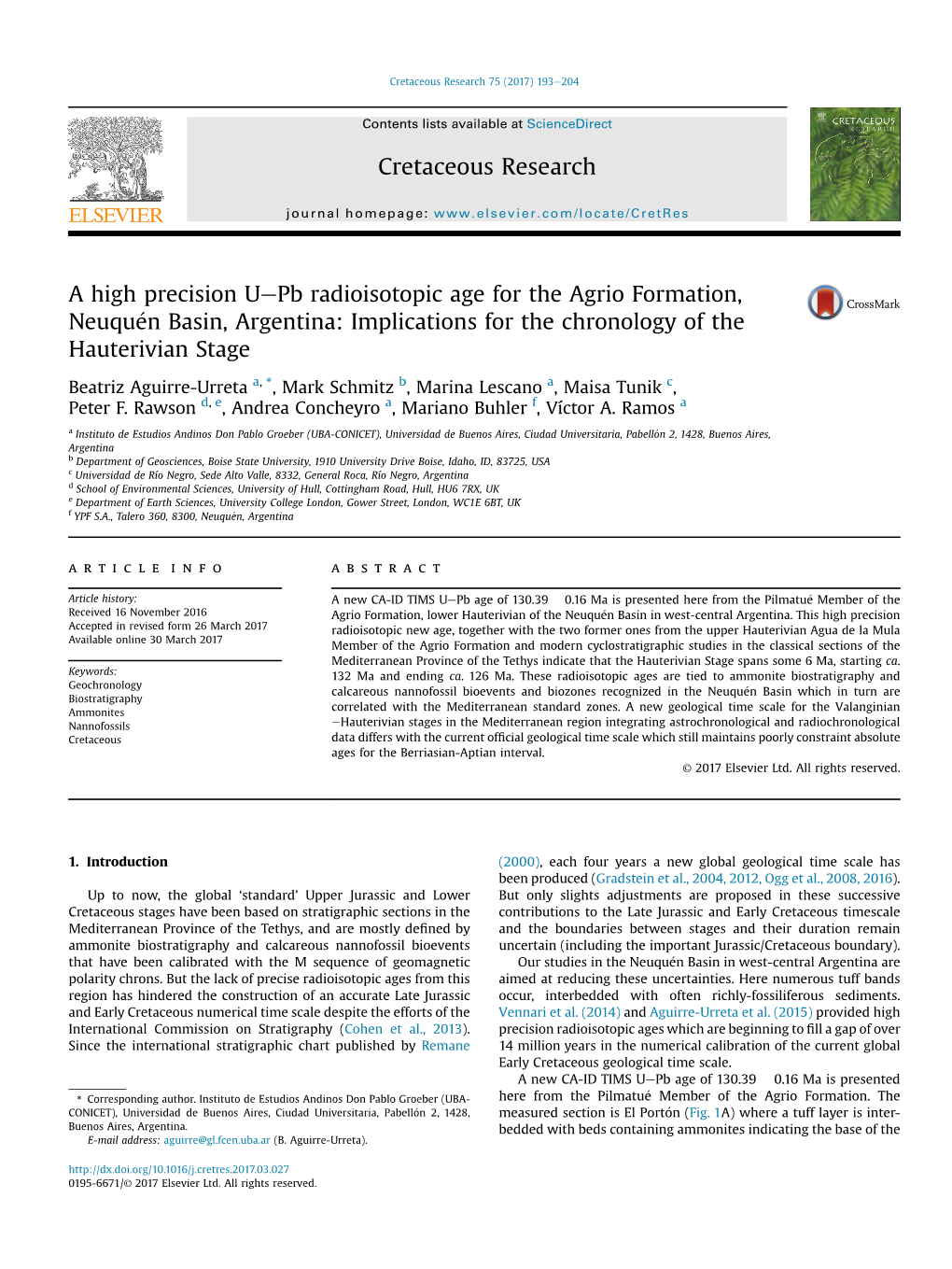 A High Precision U-Pb Radioisotopic Age for the Agrio Formation, Neuquￃﾩn Basin, Argentina: Implications for the Chronology