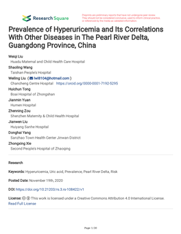 Prevalence of Hyperuricemia and Its Correlations with Other Diseases in the Pearl River Delta, Guangdong Province, China