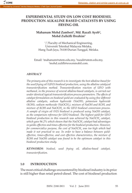 Experimental Study on Low Cost Biodiesel Production Alkaline Based Catalysts by Using Frying Oil