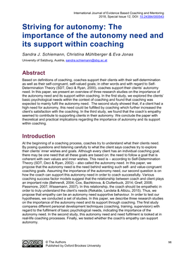 Striving for Autonomy: the Importance of the Autonomy Need and Its Support Within Coaching Sandra J