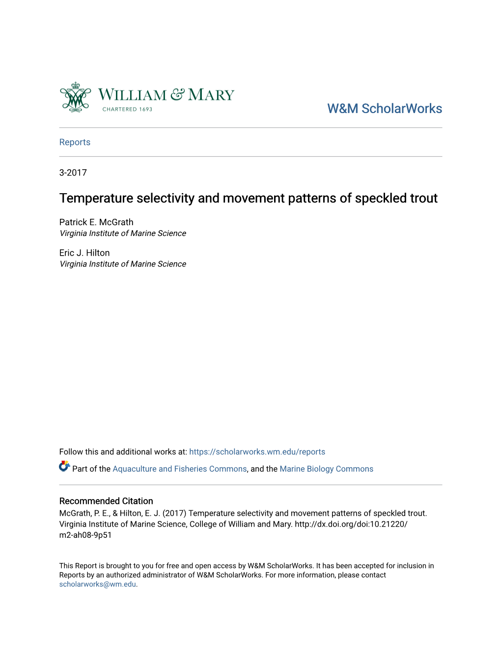 Temperature Selectivity and Movement Patterns of Speckled Trout