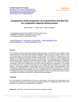 Comparison of the Properties of Scutched Flax and Flax Tow for Composite Material Reinforcement
