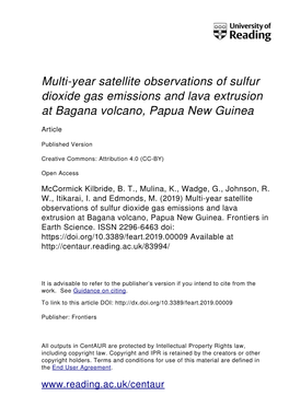 Multi-Year Satellite Observations of Sulfur Dioxide Gas Emissions and Lava Extrusion at Bagana Volcano, Papua New Guinea