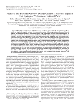 Archaeal and Bacterial Glycerol Dialkyl Glycerol Tetraether Lipids in Hot Springs of Yellowstone National Parkᰔ Stefan Schouten,1* Marcel T