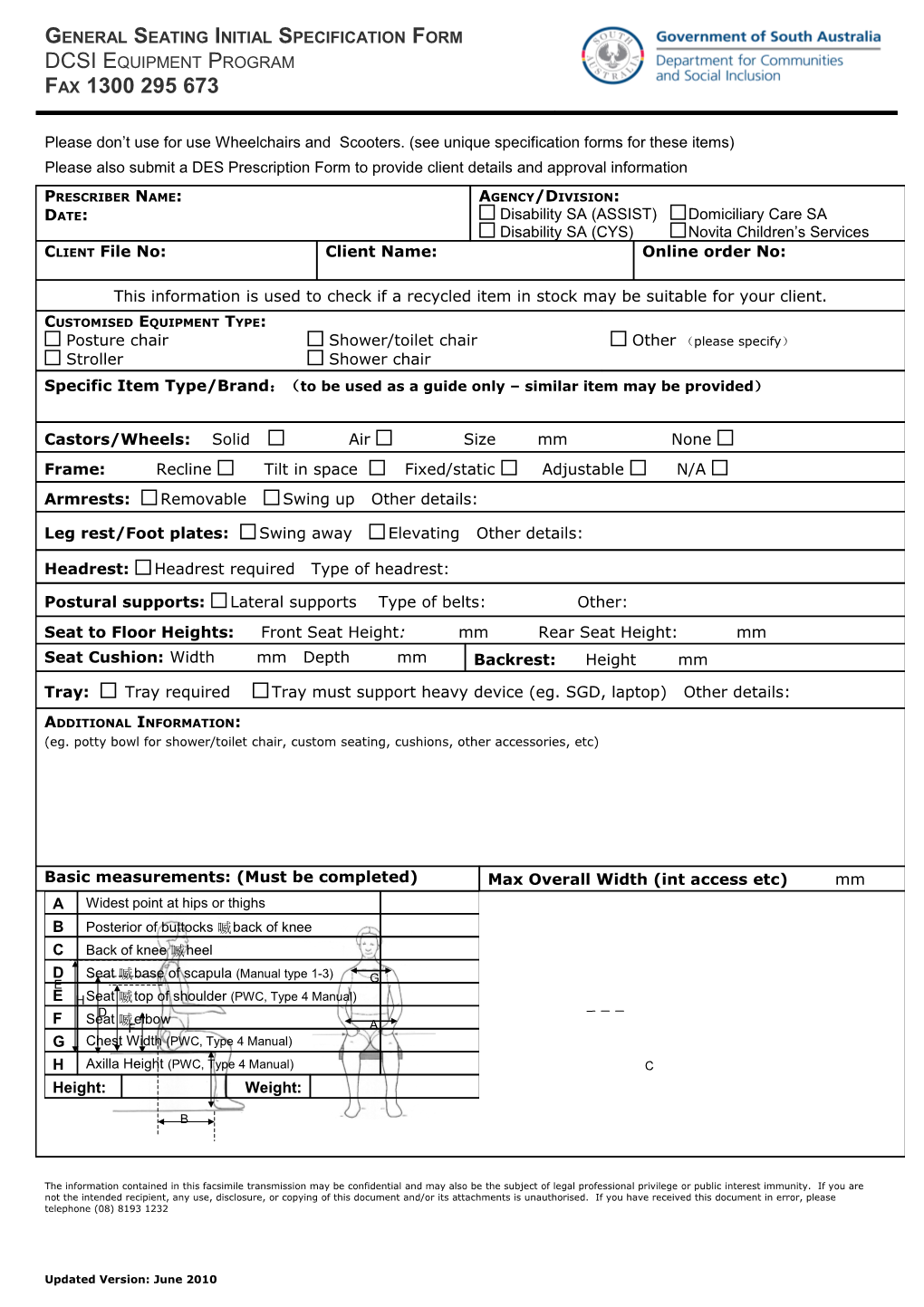 General Seating Initial Specification Form