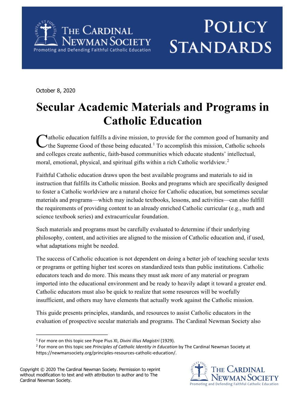 Secular Academic Materials and Programs in Catholic Education