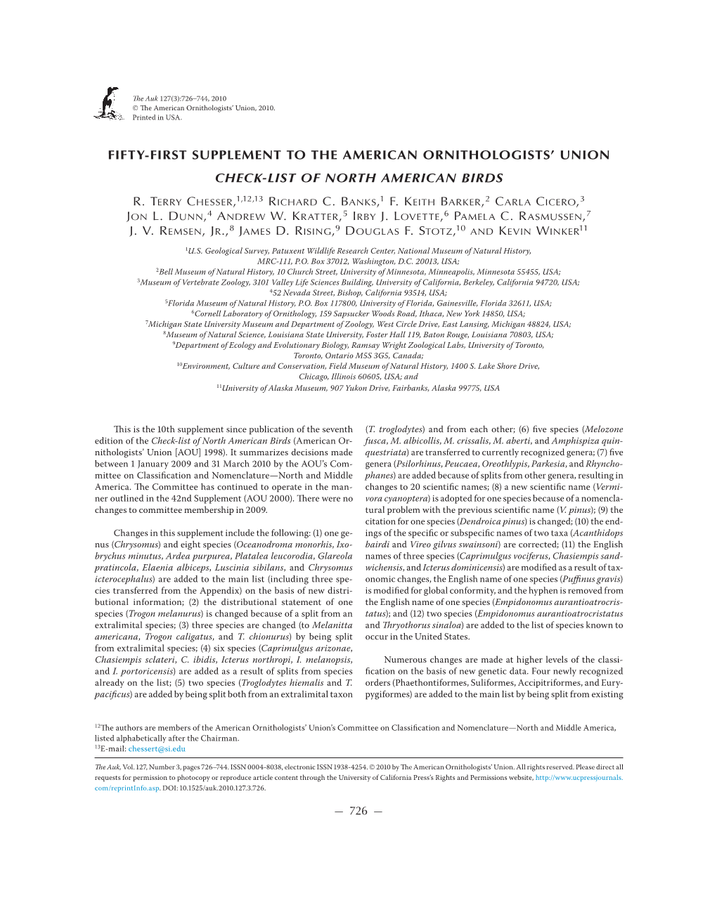 Fifty-First Supplement to the American Ornithologists’ Union Check-List of North American Birds