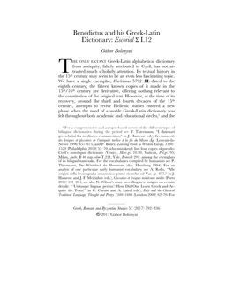 Benedictus and His Greek-Latin Dictionary: Escorial Σ I.12 Gábor Bolonyai