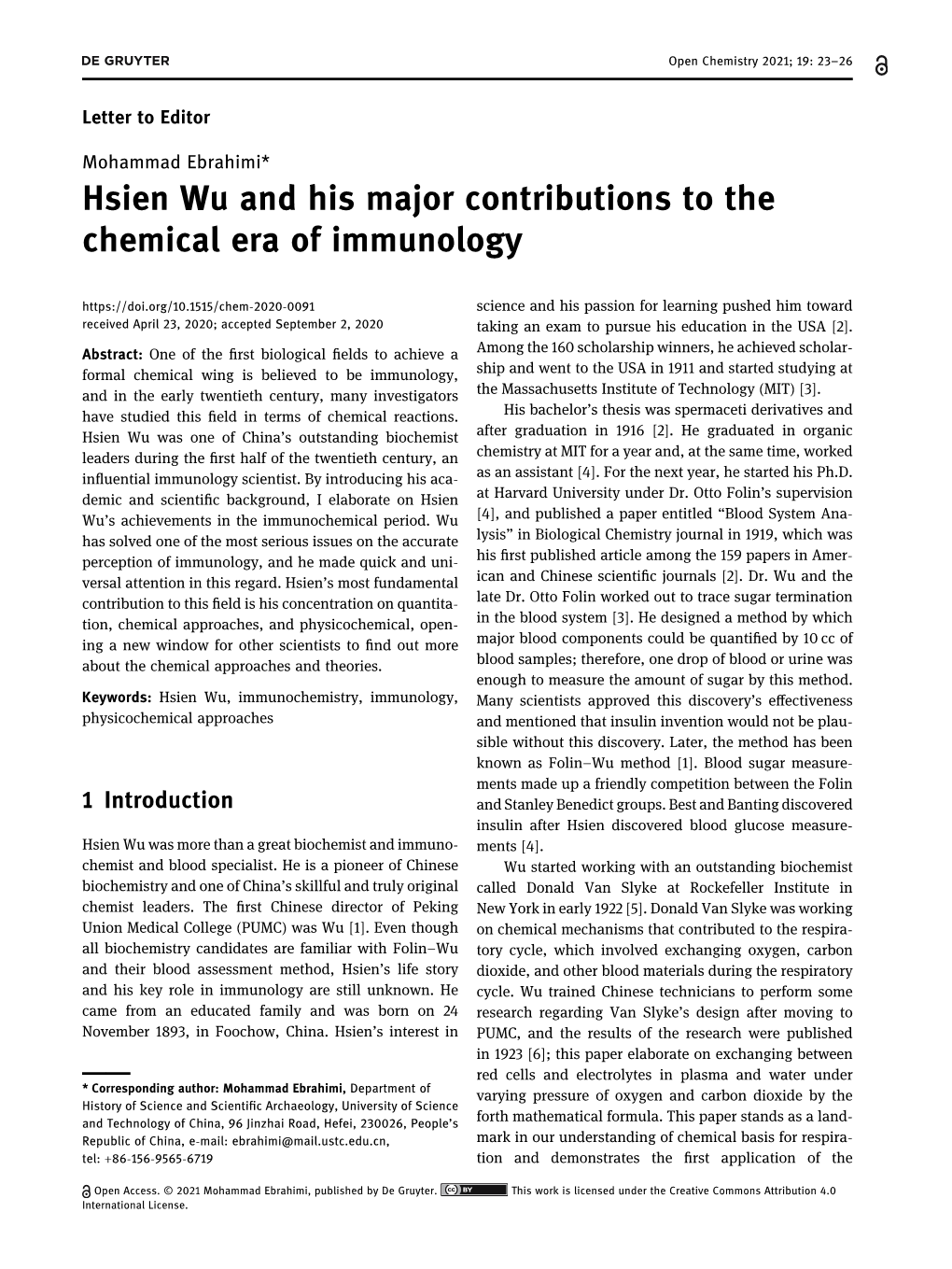Hsien Wu and His Major Contributions to the Chemical Era of Immunology
