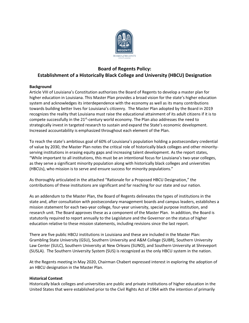 Establishment of a Historically Black College and University (HBCU) Designation