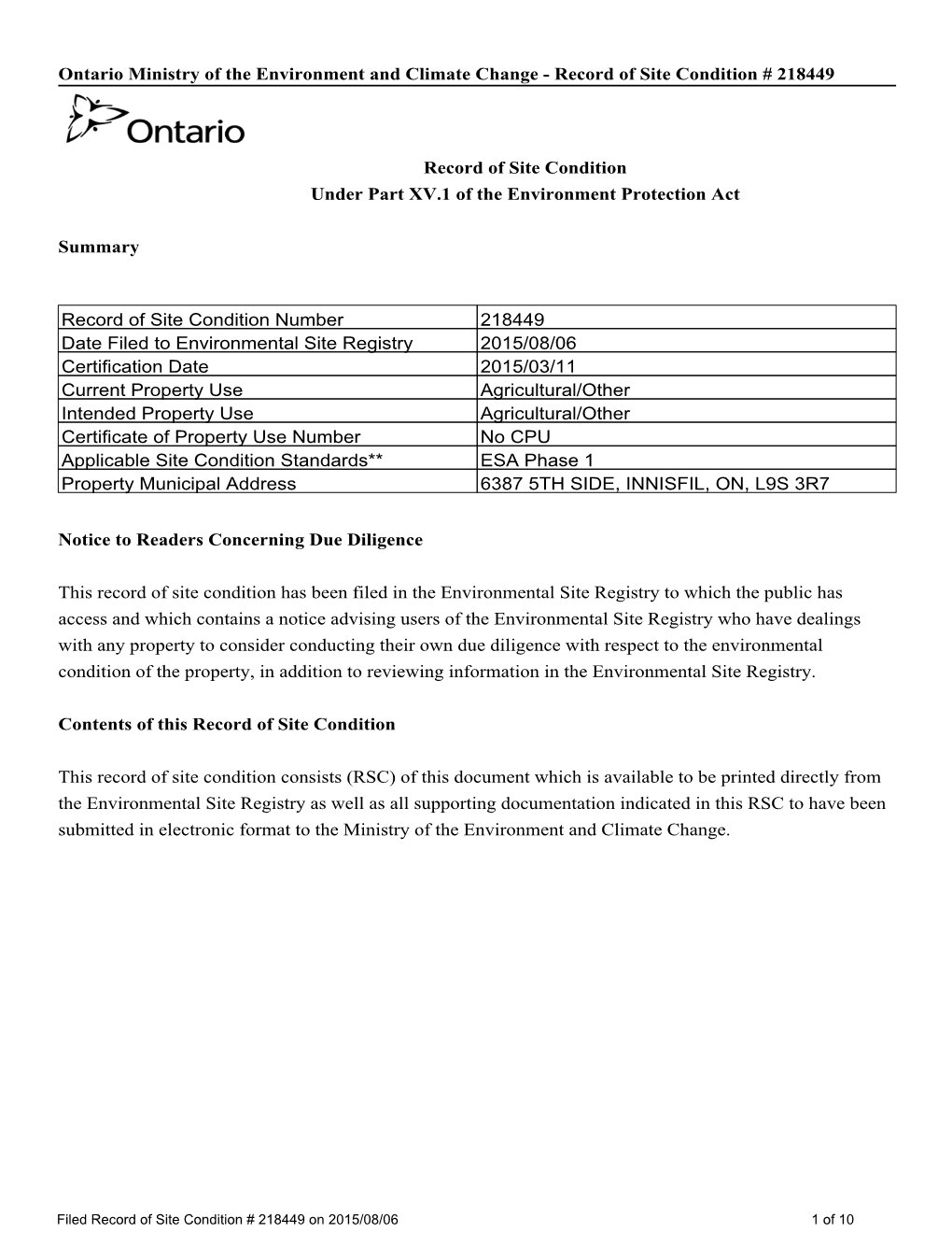 Ontario Ministry of the Environment and Climate Change - Record of Site Condition # 218449